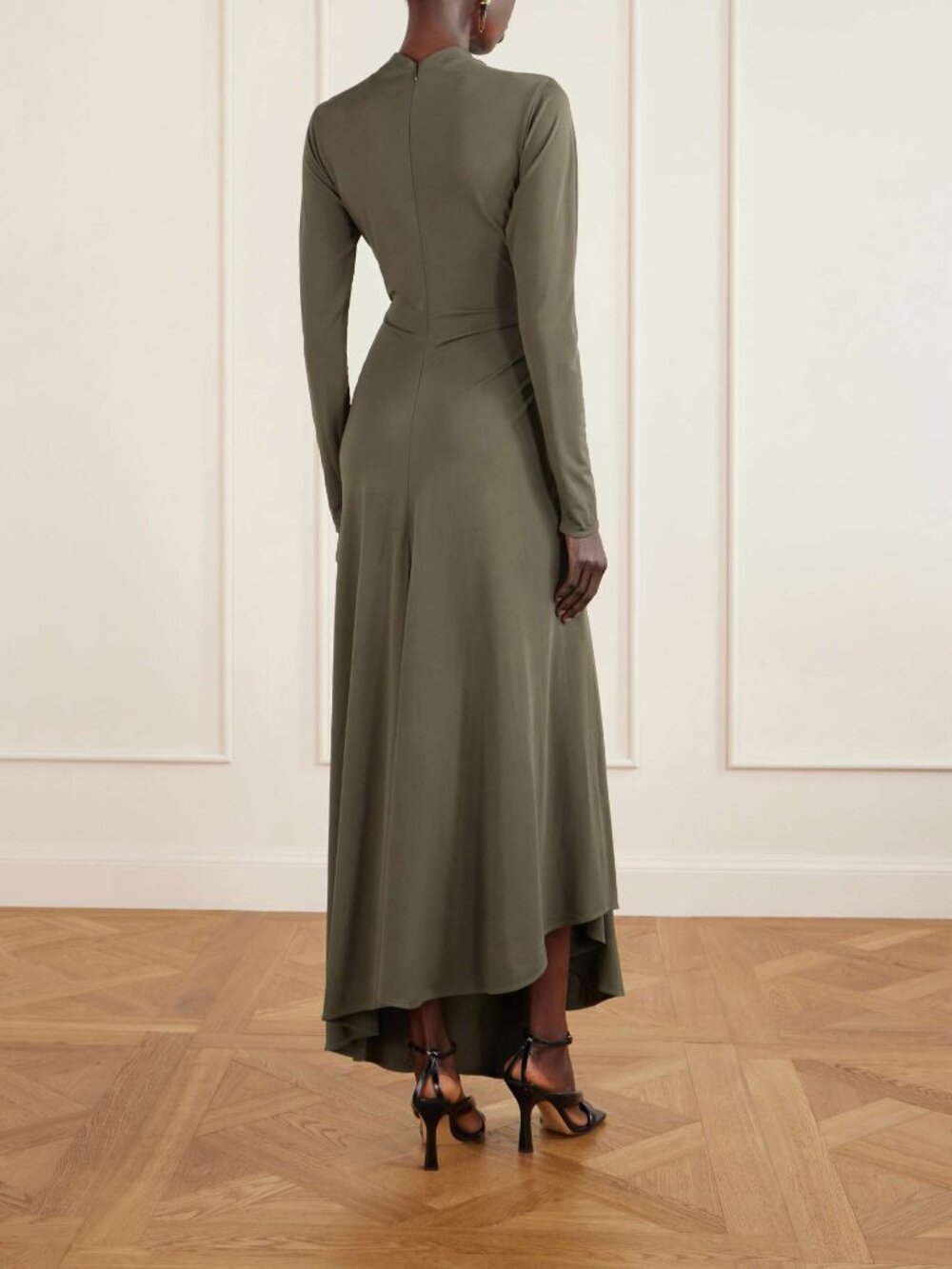 BOTTEGA VENETA Asymmetric embellished gathered khaki maxi dress size IT 42/ US - Picture 2 of 16